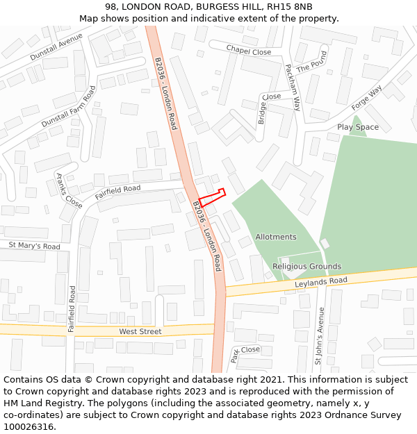 98, LONDON ROAD, BURGESS HILL, RH15 8NB: Location map and indicative extent of plot