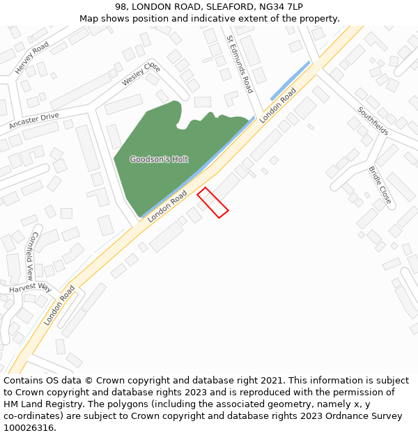 98, LONDON ROAD, SLEAFORD, NG34 7LP: Location map and indicative extent of plot
