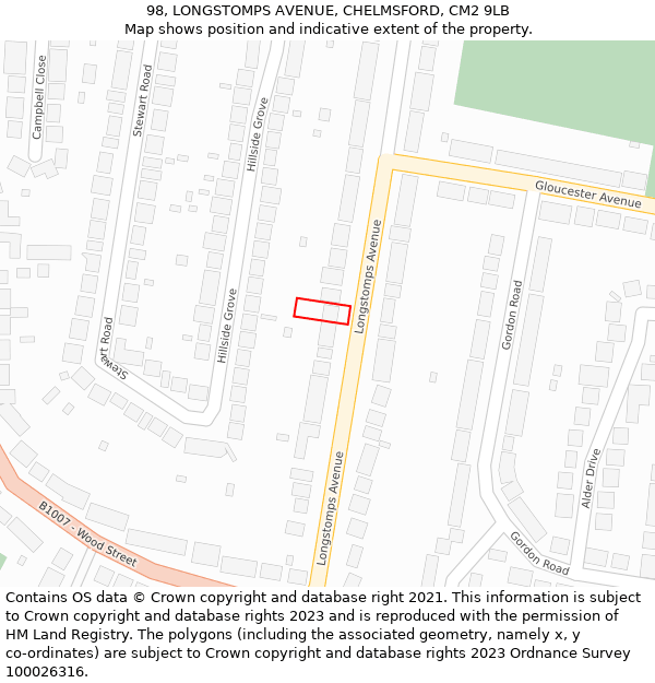 98, LONGSTOMPS AVENUE, CHELMSFORD, CM2 9LB: Location map and indicative extent of plot