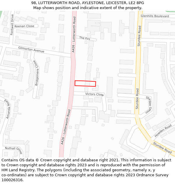 98, LUTTERWORTH ROAD, AYLESTONE, LEICESTER, LE2 8PG: Location map and indicative extent of plot