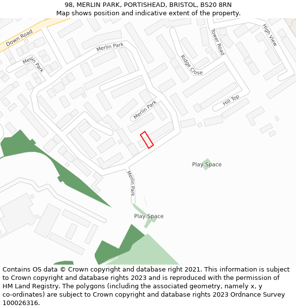 98, MERLIN PARK, PORTISHEAD, BRISTOL, BS20 8RN: Location map and indicative extent of plot