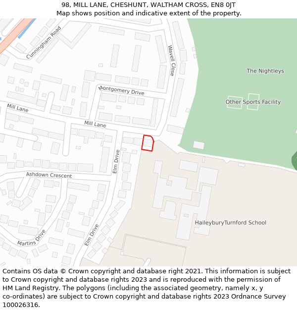 98, MILL LANE, CHESHUNT, WALTHAM CROSS, EN8 0JT: Location map and indicative extent of plot