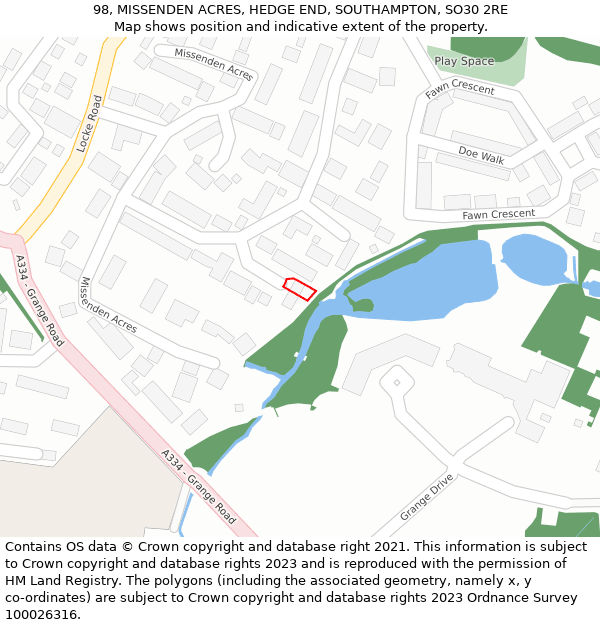 98, MISSENDEN ACRES, HEDGE END, SOUTHAMPTON, SO30 2RE: Location map and indicative extent of plot