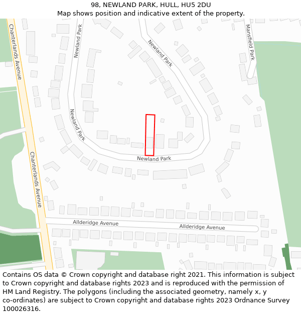 98, NEWLAND PARK, HULL, HU5 2DU: Location map and indicative extent of plot