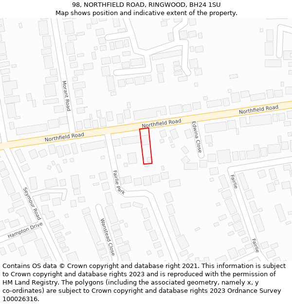 98, NORTHFIELD ROAD, RINGWOOD, BH24 1SU: Location map and indicative extent of plot