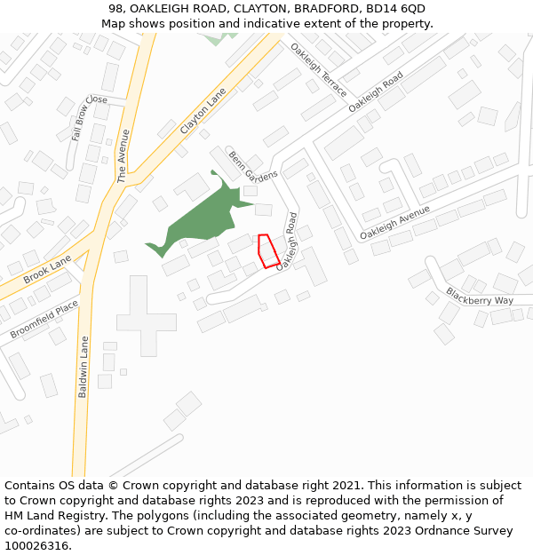 98, OAKLEIGH ROAD, CLAYTON, BRADFORD, BD14 6QD: Location map and indicative extent of plot