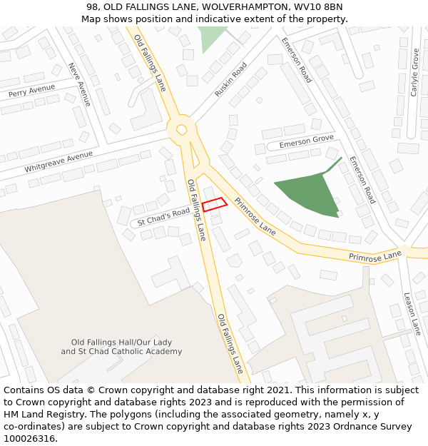 98, OLD FALLINGS LANE, WOLVERHAMPTON, WV10 8BN: Location map and indicative extent of plot