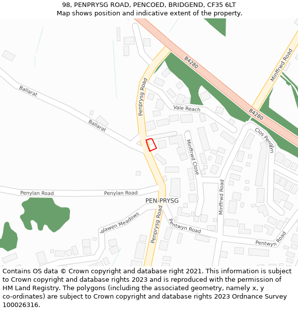 98, PENPRYSG ROAD, PENCOED, BRIDGEND, CF35 6LT: Location map and indicative extent of plot