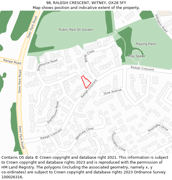 98, RALEGH CRESCENT, WITNEY, OX28 5FY: Location map and indicative extent of plot