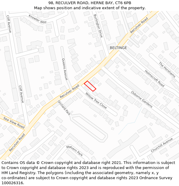 98, RECULVER ROAD, HERNE BAY, CT6 6PB: Location map and indicative extent of plot