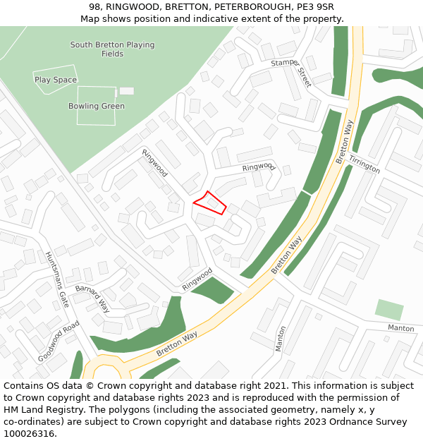 98, RINGWOOD, BRETTON, PETERBOROUGH, PE3 9SR: Location map and indicative extent of plot