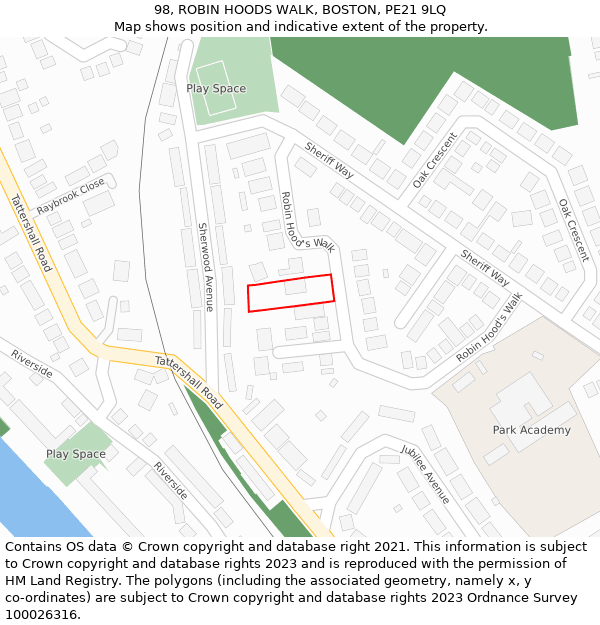 98, ROBIN HOODS WALK, BOSTON, PE21 9LQ: Location map and indicative extent of plot