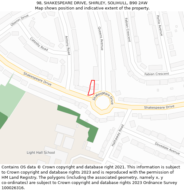 98, SHAKESPEARE DRIVE, SHIRLEY, SOLIHULL, B90 2AW: Location map and indicative extent of plot