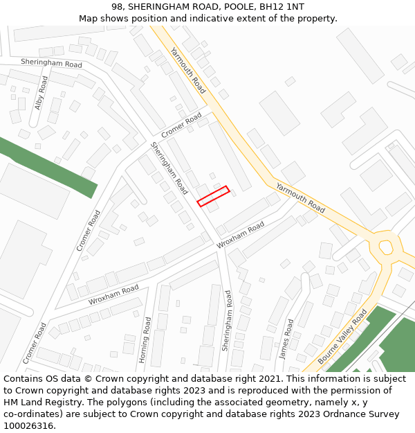 98, SHERINGHAM ROAD, POOLE, BH12 1NT: Location map and indicative extent of plot