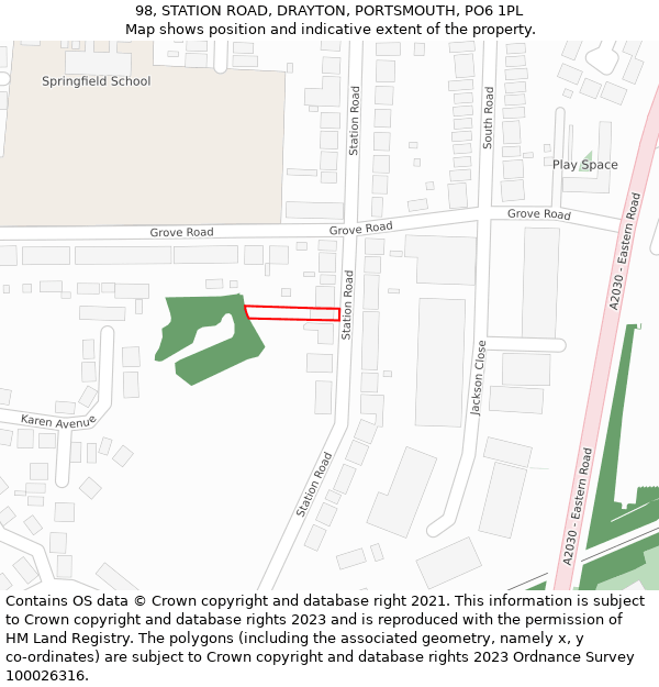 98, STATION ROAD, DRAYTON, PORTSMOUTH, PO6 1PL: Location map and indicative extent of plot