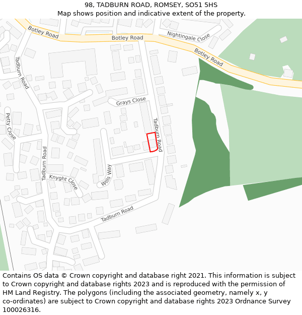 98, TADBURN ROAD, ROMSEY, SO51 5HS: Location map and indicative extent of plot