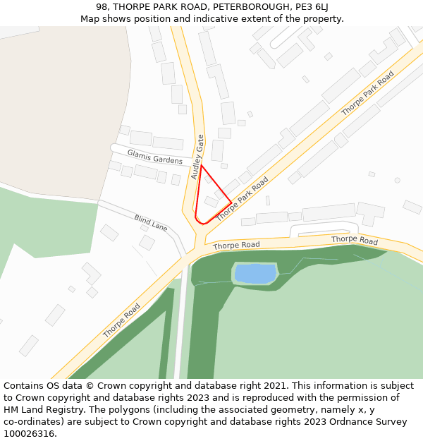 98, THORPE PARK ROAD, PETERBOROUGH, PE3 6LJ: Location map and indicative extent of plot