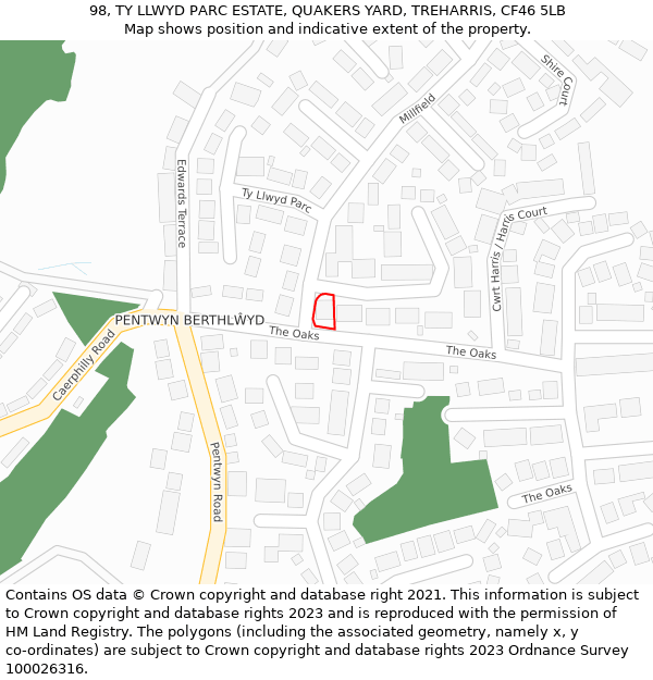 98, TY LLWYD PARC ESTATE, QUAKERS YARD, TREHARRIS, CF46 5LB: Location map and indicative extent of plot
