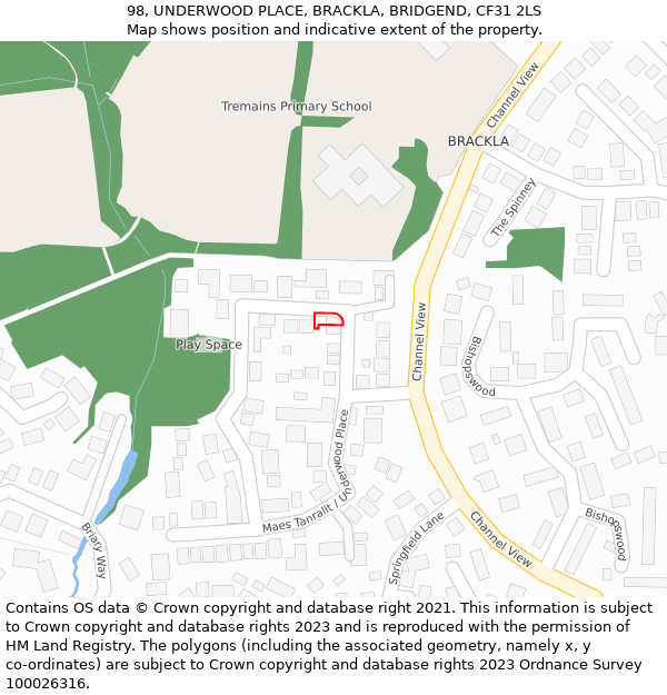 98, UNDERWOOD PLACE, BRACKLA, BRIDGEND, CF31 2LS: Location map and indicative extent of plot