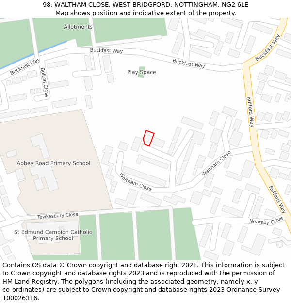 98, WALTHAM CLOSE, WEST BRIDGFORD, NOTTINGHAM, NG2 6LE: Location map and indicative extent of plot