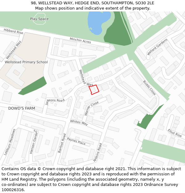 98, WELLSTEAD WAY, HEDGE END, SOUTHAMPTON, SO30 2LE: Location map and indicative extent of plot