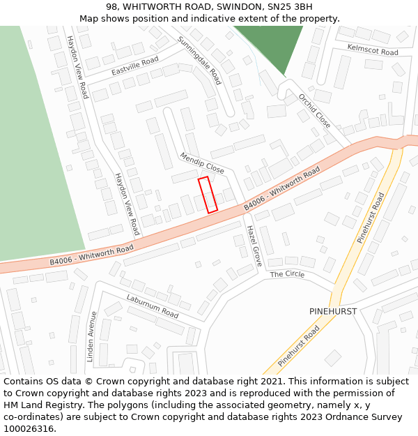 98, WHITWORTH ROAD, SWINDON, SN25 3BH: Location map and indicative extent of plot