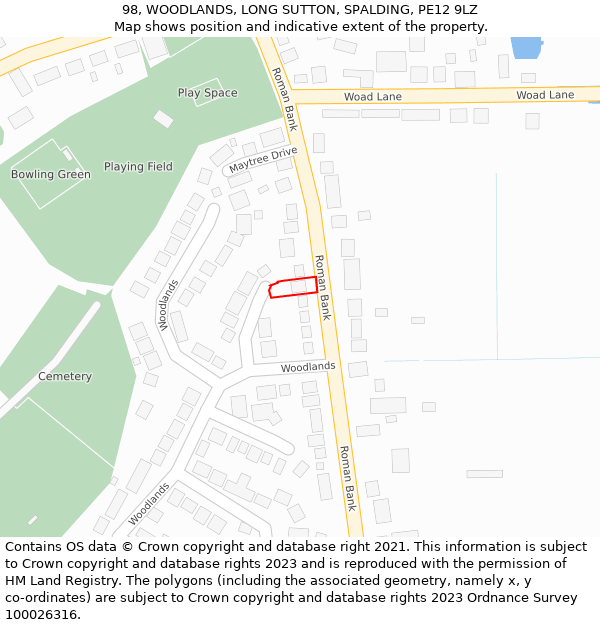 98, WOODLANDS, LONG SUTTON, SPALDING, PE12 9LZ: Location map and indicative extent of plot