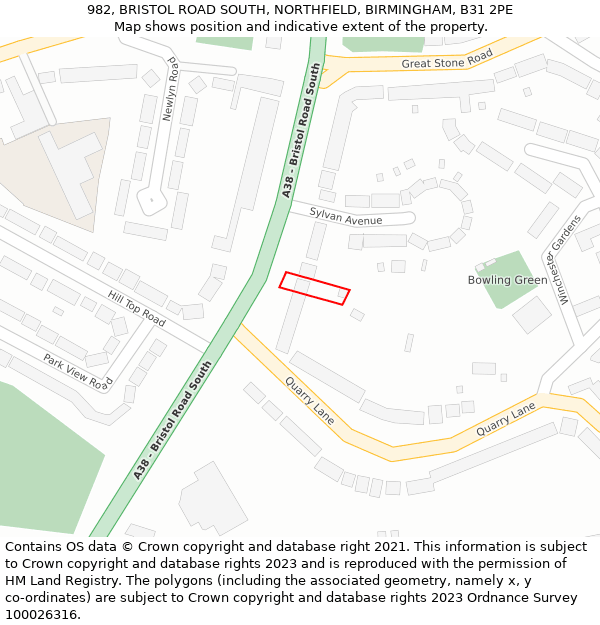 982, BRISTOL ROAD SOUTH, NORTHFIELD, BIRMINGHAM, B31 2PE: Location map and indicative extent of plot