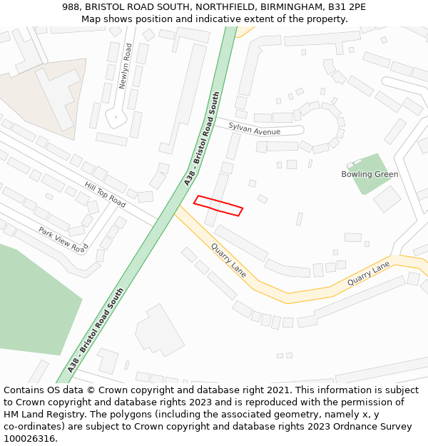 988, BRISTOL ROAD SOUTH, NORTHFIELD, BIRMINGHAM, B31 2PE: Location map and indicative extent of plot