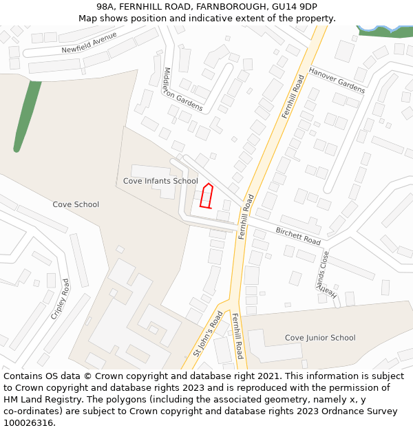 98A, FERNHILL ROAD, FARNBOROUGH, GU14 9DP: Location map and indicative extent of plot