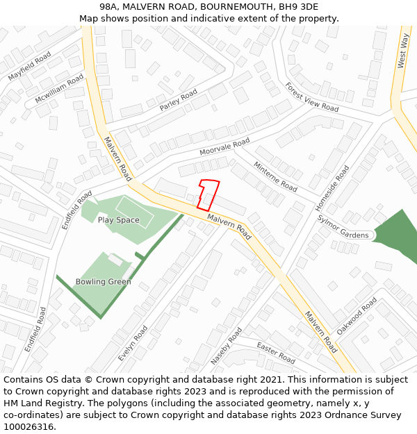98A, MALVERN ROAD, BOURNEMOUTH, BH9 3DE: Location map and indicative extent of plot