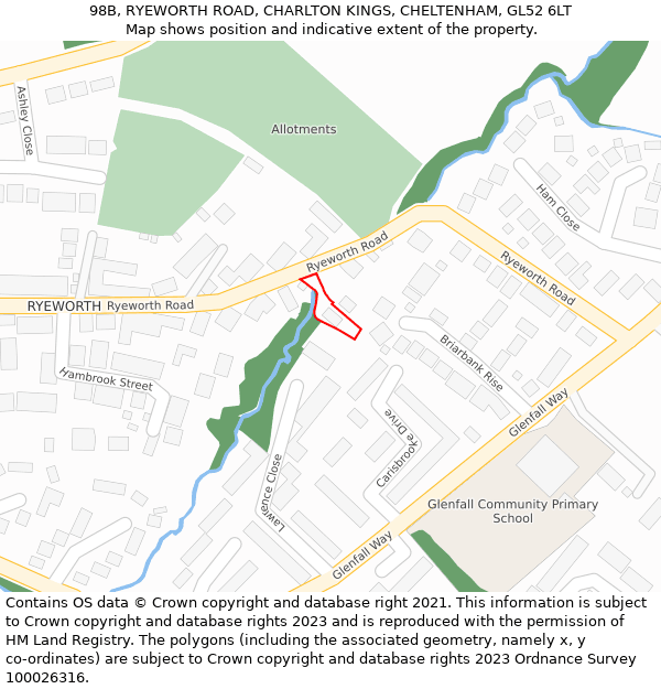 98B, RYEWORTH ROAD, CHARLTON KINGS, CHELTENHAM, GL52 6LT: Location map and indicative extent of plot