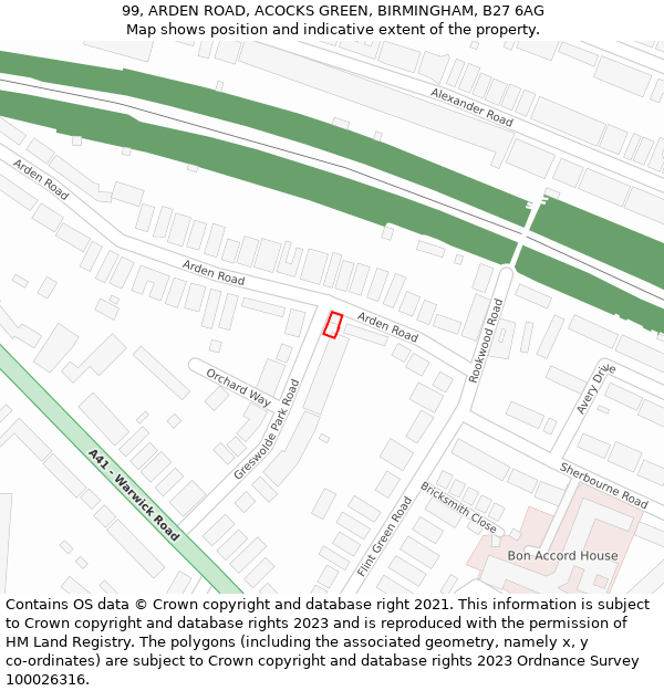 99, ARDEN ROAD, ACOCKS GREEN, BIRMINGHAM, B27 6AG: Location map and indicative extent of plot