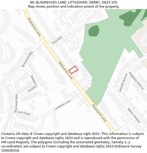 99, BLAGREAVES LANE, LITTLEOVER, DERBY, DE23 1FG: Location map and indicative extent of plot