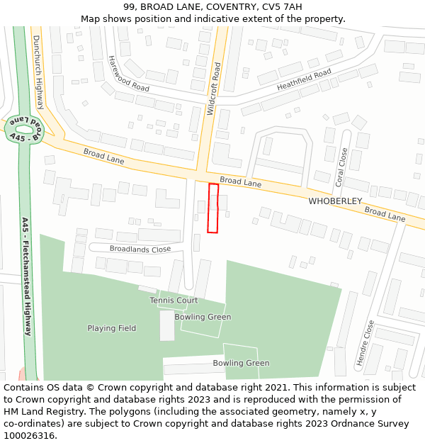 99, BROAD LANE, COVENTRY, CV5 7AH: Location map and indicative extent of plot