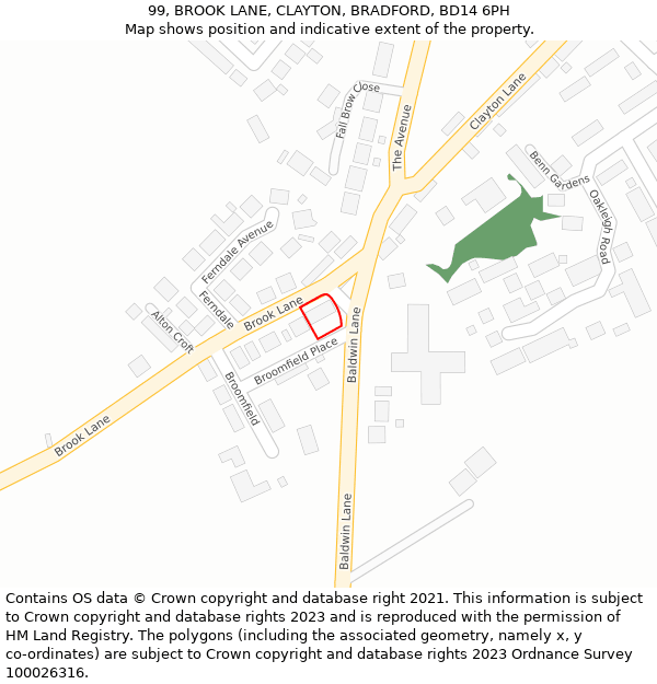 99, BROOK LANE, CLAYTON, BRADFORD, BD14 6PH: Location map and indicative extent of plot