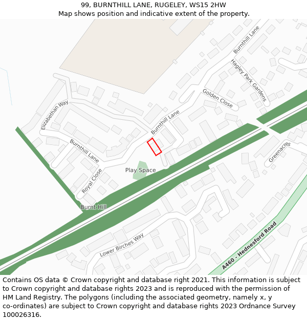 99, BURNTHILL LANE, RUGELEY, WS15 2HW: Location map and indicative extent of plot