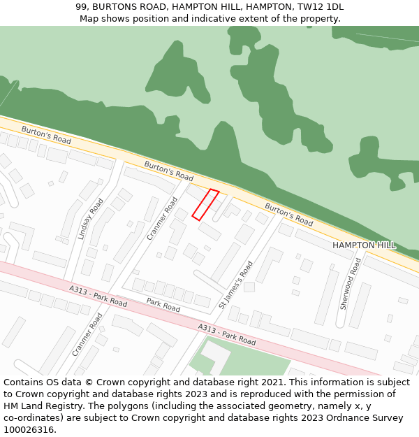 99, BURTONS ROAD, HAMPTON HILL, HAMPTON, TW12 1DL: Location map and indicative extent of plot