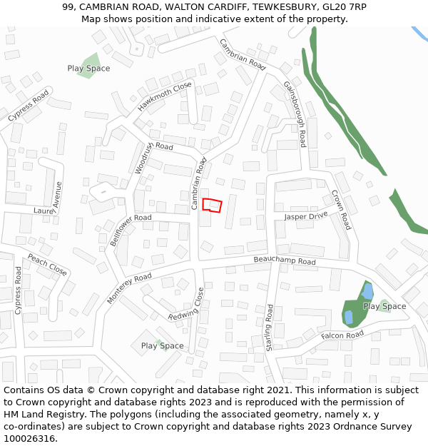 99, CAMBRIAN ROAD, WALTON CARDIFF, TEWKESBURY, GL20 7RP: Location map and indicative extent of plot