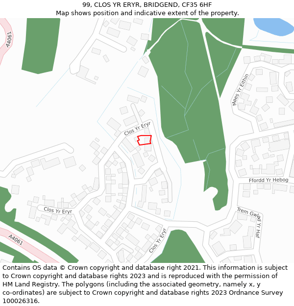 99, CLOS YR ERYR, BRIDGEND, CF35 6HF: Location map and indicative extent of plot