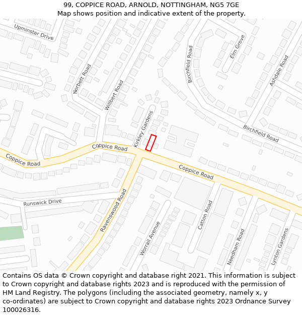 99, COPPICE ROAD, ARNOLD, NOTTINGHAM, NG5 7GE: Location map and indicative extent of plot