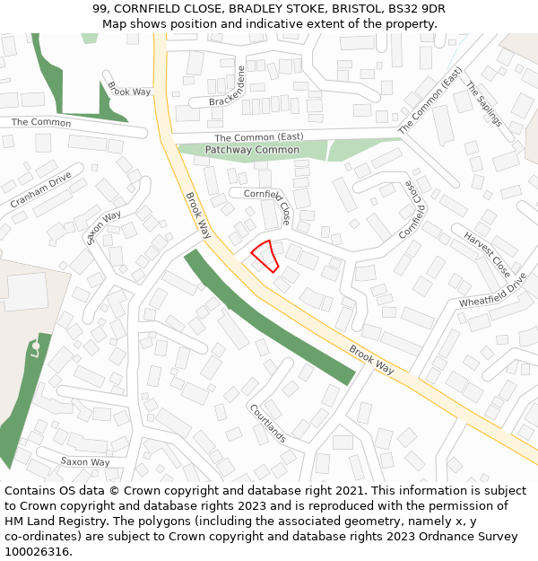 99, CORNFIELD CLOSE, BRADLEY STOKE, BRISTOL, BS32 9DR: Location map and indicative extent of plot