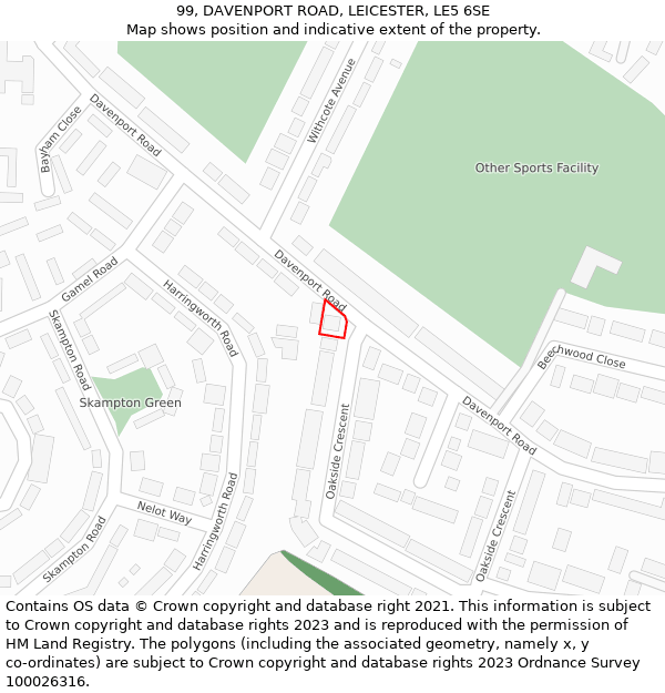 99, DAVENPORT ROAD, LEICESTER, LE5 6SE: Location map and indicative extent of plot