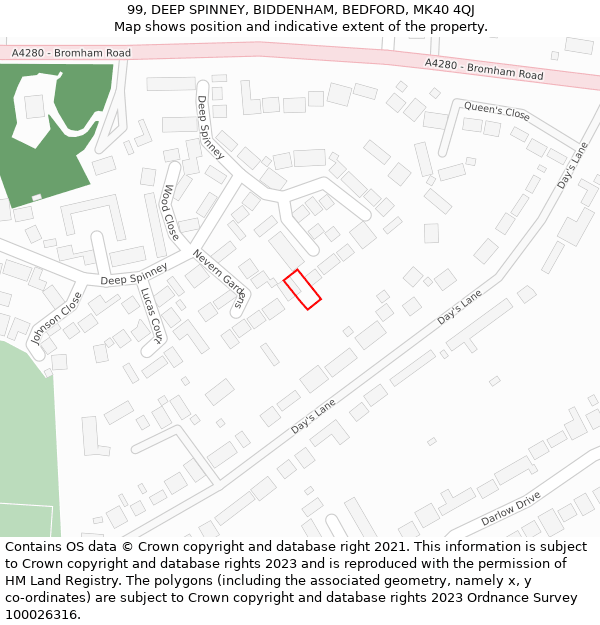 99, DEEP SPINNEY, BIDDENHAM, BEDFORD, MK40 4QJ: Location map and indicative extent of plot