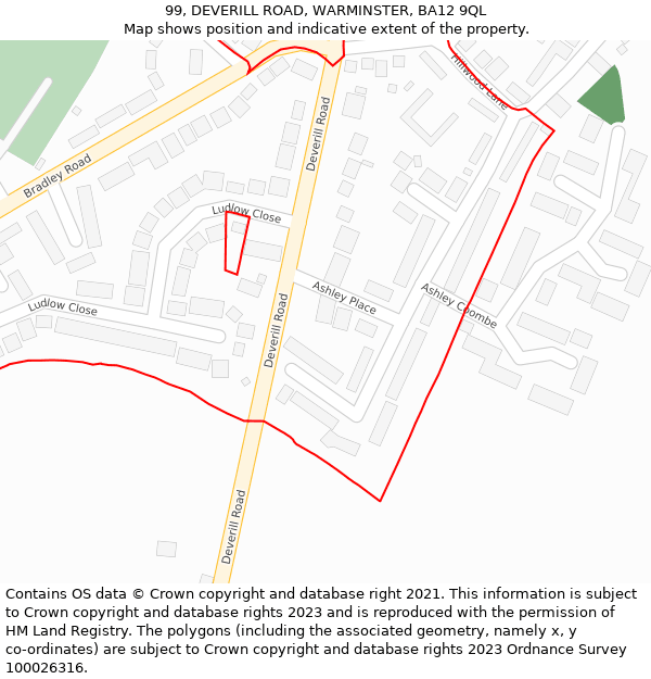 99, DEVERILL ROAD, WARMINSTER, BA12 9QL: Location map and indicative extent of plot