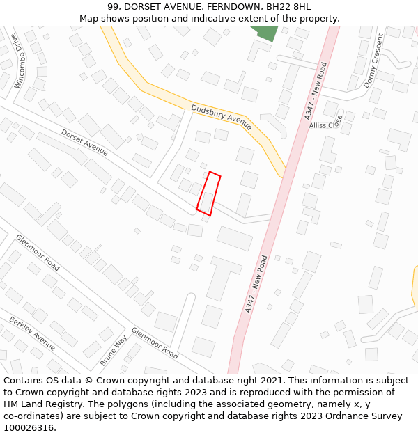 99, DORSET AVENUE, FERNDOWN, BH22 8HL: Location map and indicative extent of plot