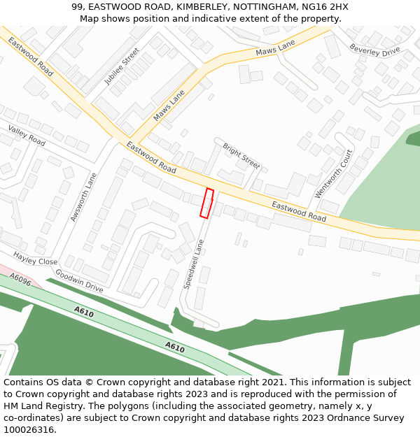 99, EASTWOOD ROAD, KIMBERLEY, NOTTINGHAM, NG16 2HX: Location map and indicative extent of plot