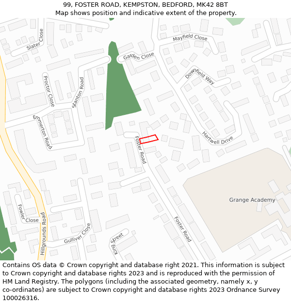 99, FOSTER ROAD, KEMPSTON, BEDFORD, MK42 8BT: Location map and indicative extent of plot