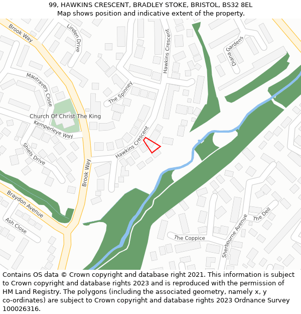 99, HAWKINS CRESCENT, BRADLEY STOKE, BRISTOL, BS32 8EL: Location map and indicative extent of plot