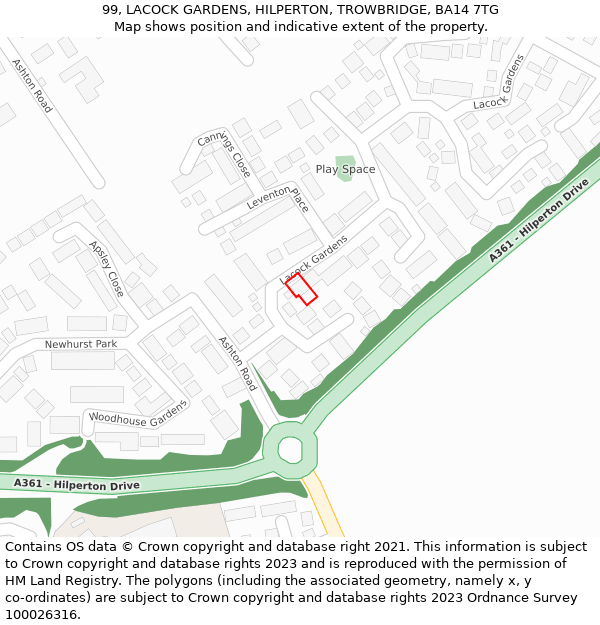 99, LACOCK GARDENS, HILPERTON, TROWBRIDGE, BA14 7TG: Location map and indicative extent of plot